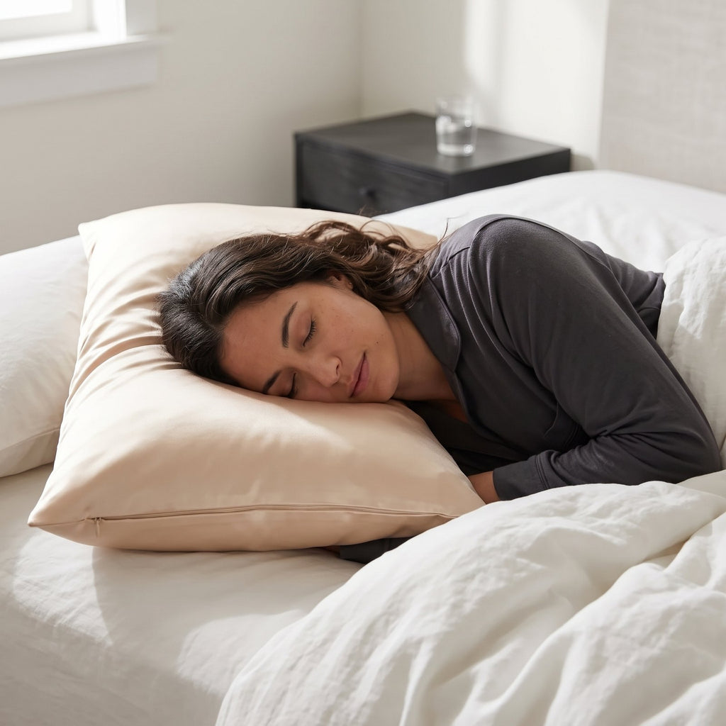 Woman sleeping on her side on a pillow in the champagne SheenRest pillowcase