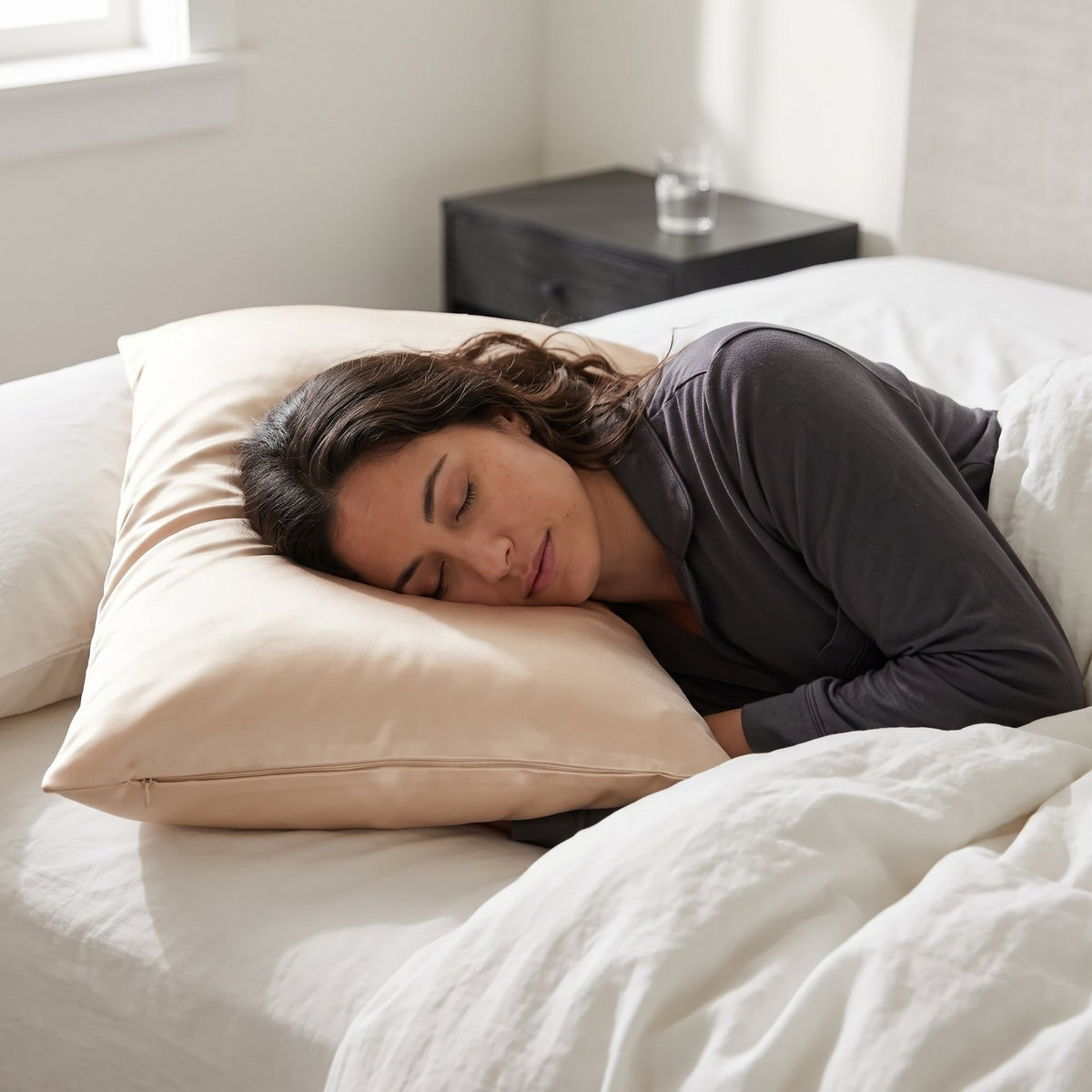 Woman sleeping on her side on a pillow in the champagne SheenRest pillowcase