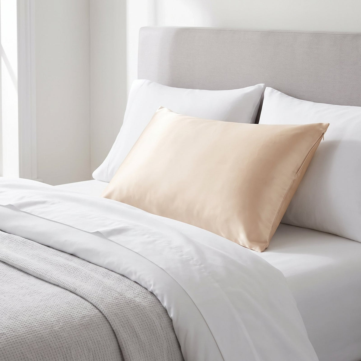 Pillow in the champagne SheenRest pillowcase on a bed with white and light gray bedding