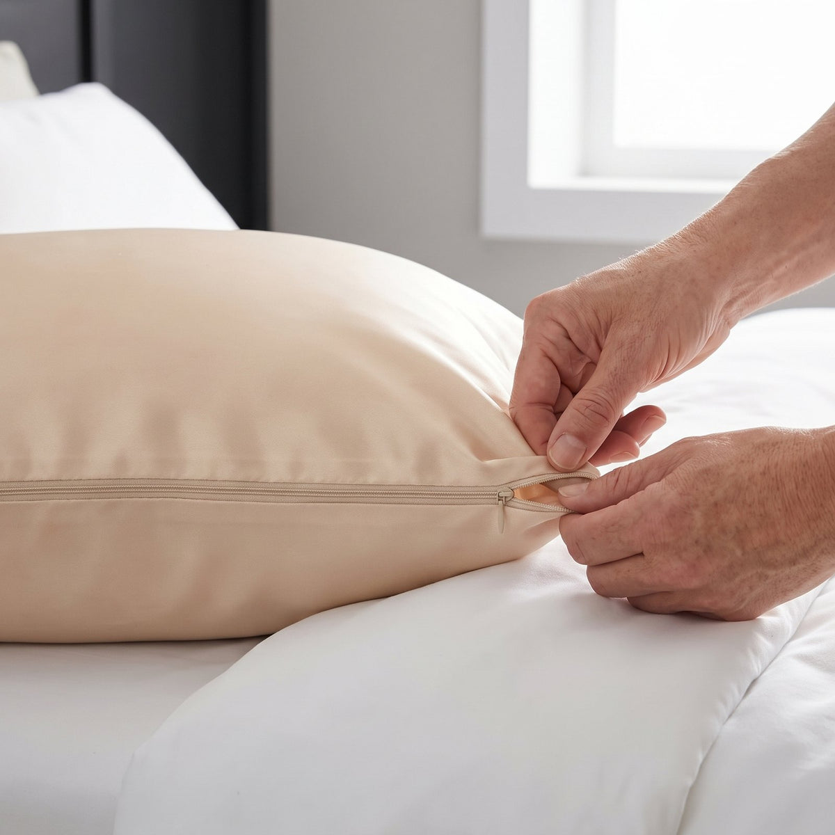Hands closing the hidden side zipper of the champagne SheenRest pillowcase