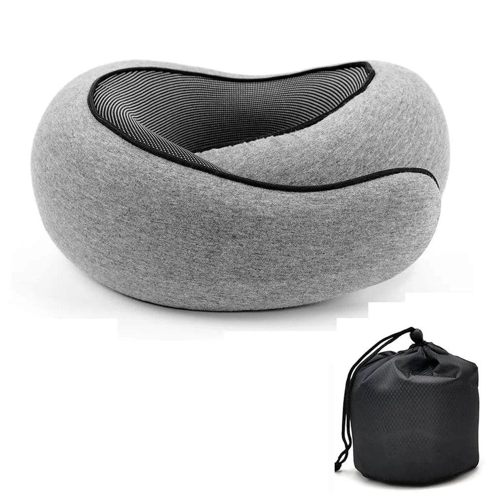 VoyaRest travel neck pillow in light grey with carry bag
