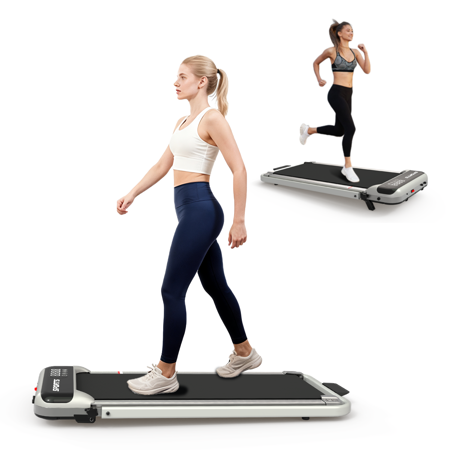StrideDesk 3-in-1 under desk treadmill - walking and jogging modes on white background