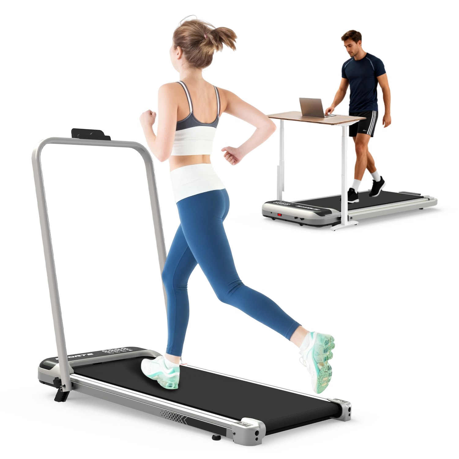 StrideDesk walking pad treadmill under a standing desk - work-from-home setup