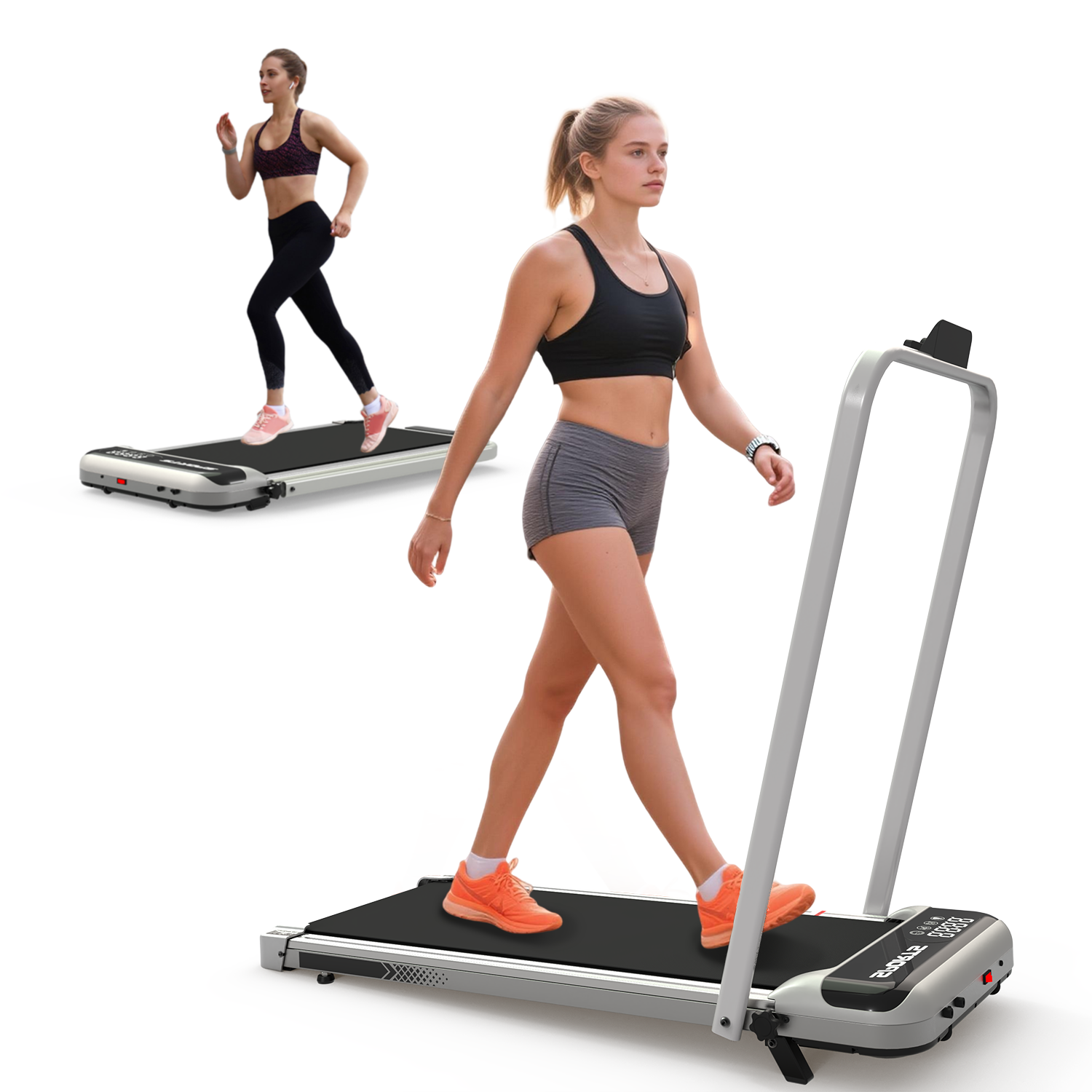 StrideDesk under desk treadmill with foldable handlebar raised - jogging mode