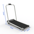 Under desk treadmill with handlebar raised, dimensions 44 x 22 x 41 inches