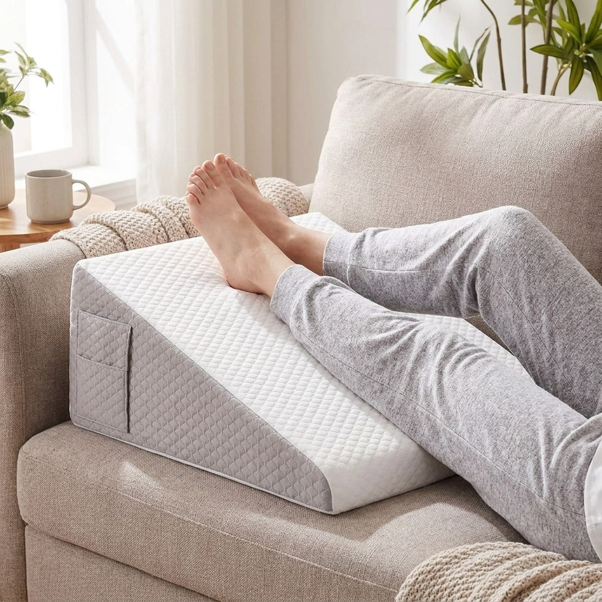 SleepWell wedge turned over on a sofa, used as a ramp to raise the legs