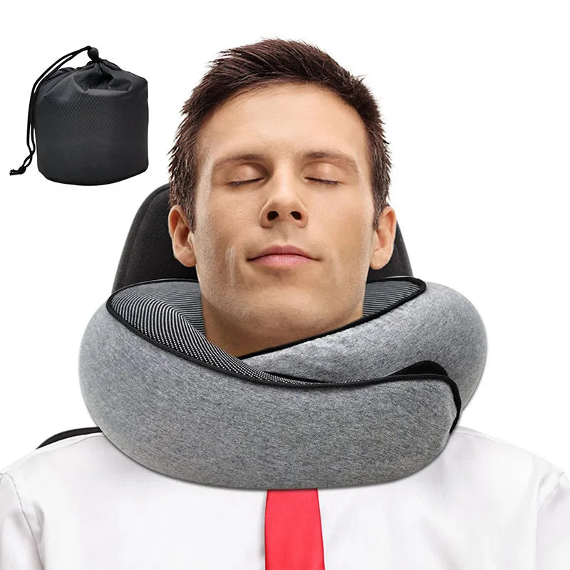 VoyaRest Memory Foam Travel Neck Pillow worn for travel comfort