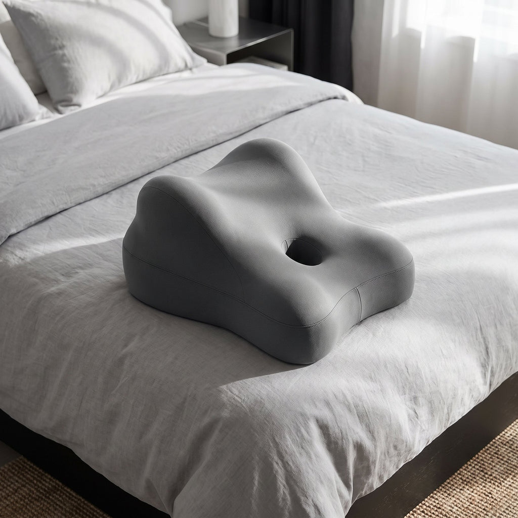 Gray LegLoft contoured leg rest pillow at the foot of a bed with light gray linen