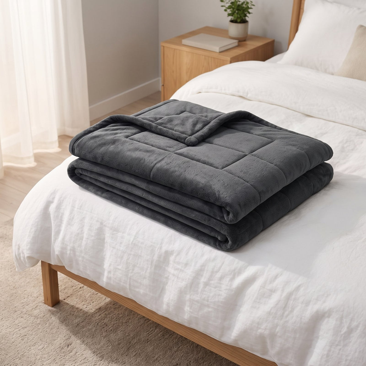 Dark gray GravityRest weighted blanket folded at the foot of a bed with white bedding
