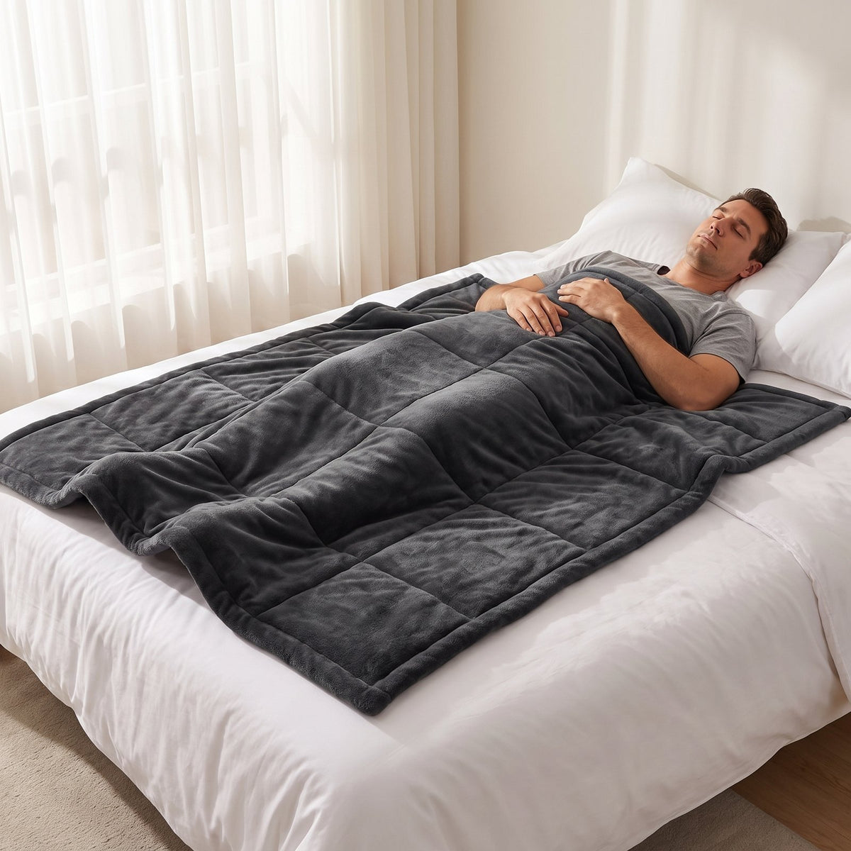 Man napping in bed under the dark gray GravityRest weighted blanket