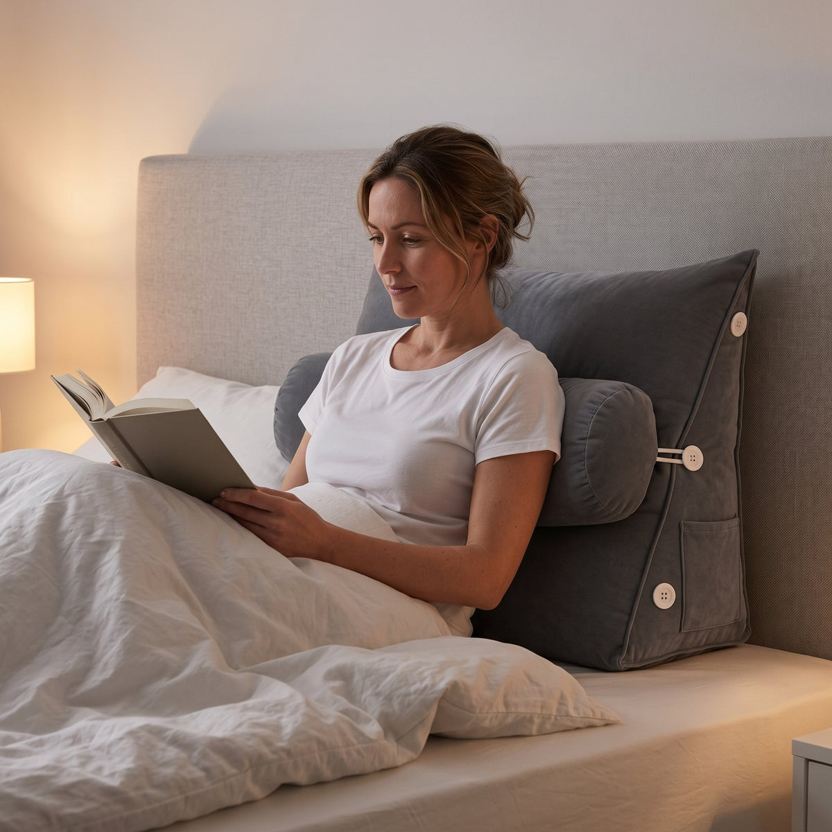 Woman reading in bed, leaning back on a gray WedgeRest pillow with its bolster