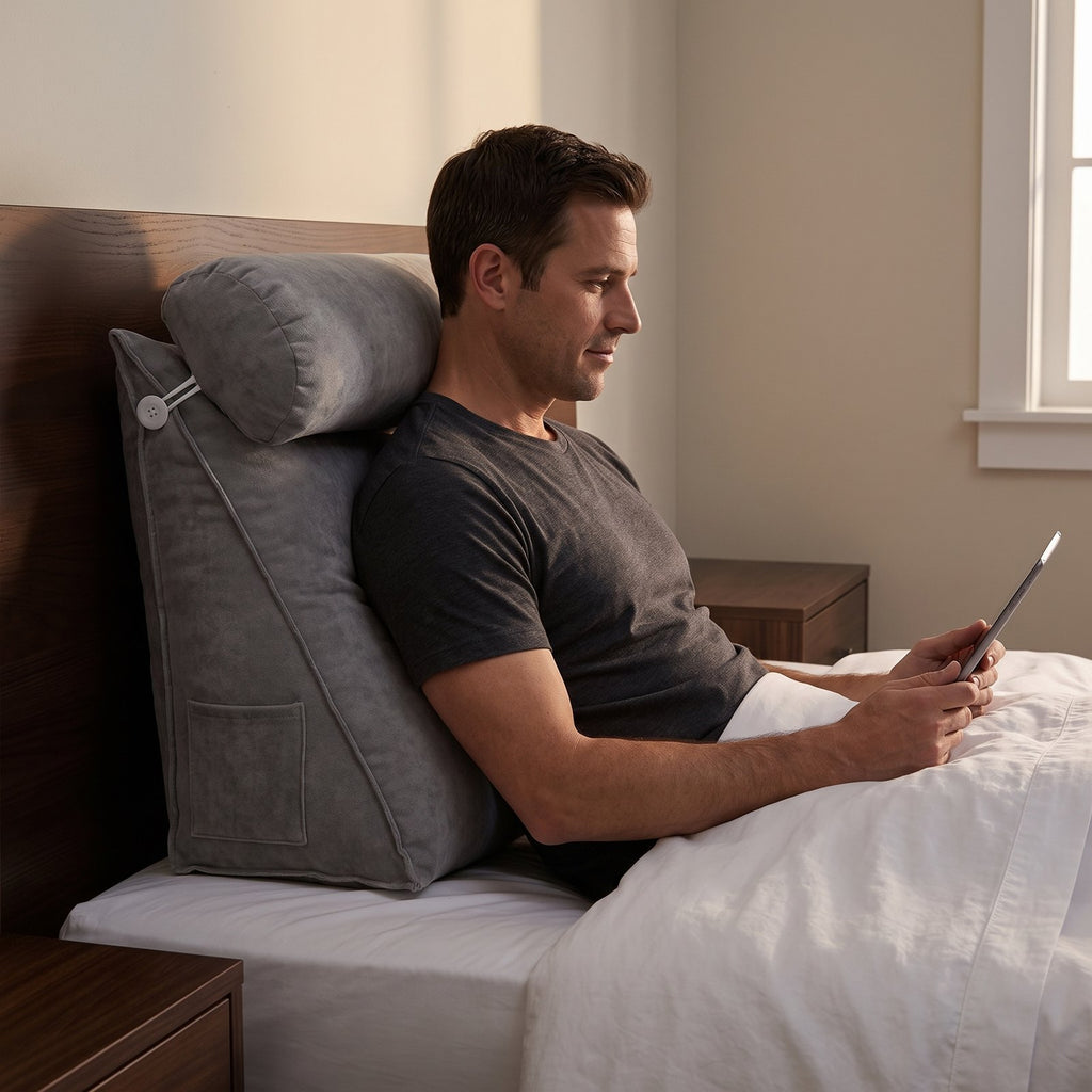 Man watching a tablet in bed, leaning on a gray WedgeRest pillow