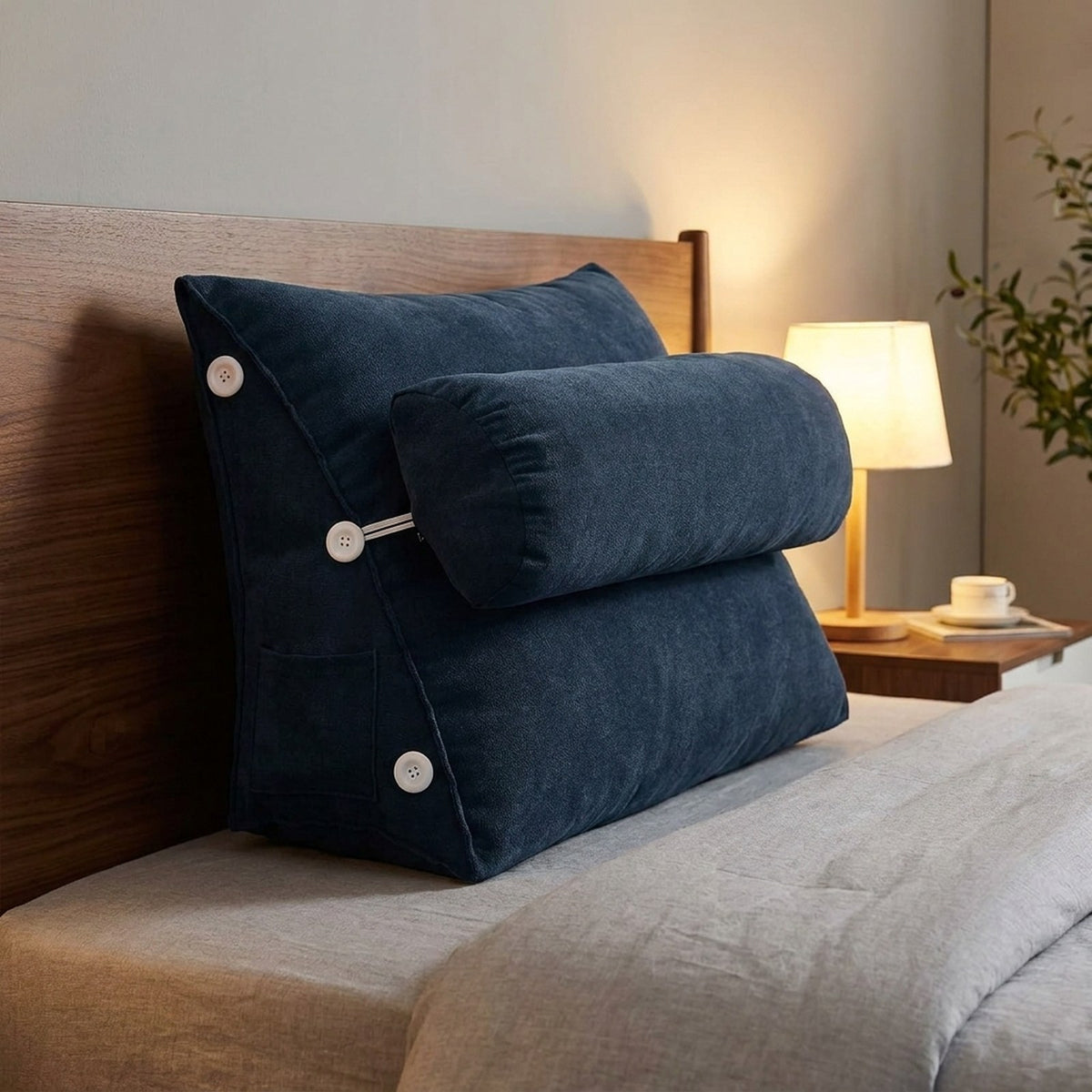 Navy WedgeRest reading pillow against a walnut headboard, bedside lamp on