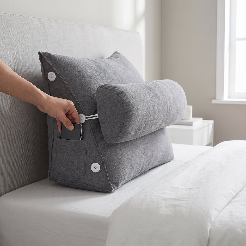 Hand taking a phone out of the side pocket of a gray WedgeRest pillow