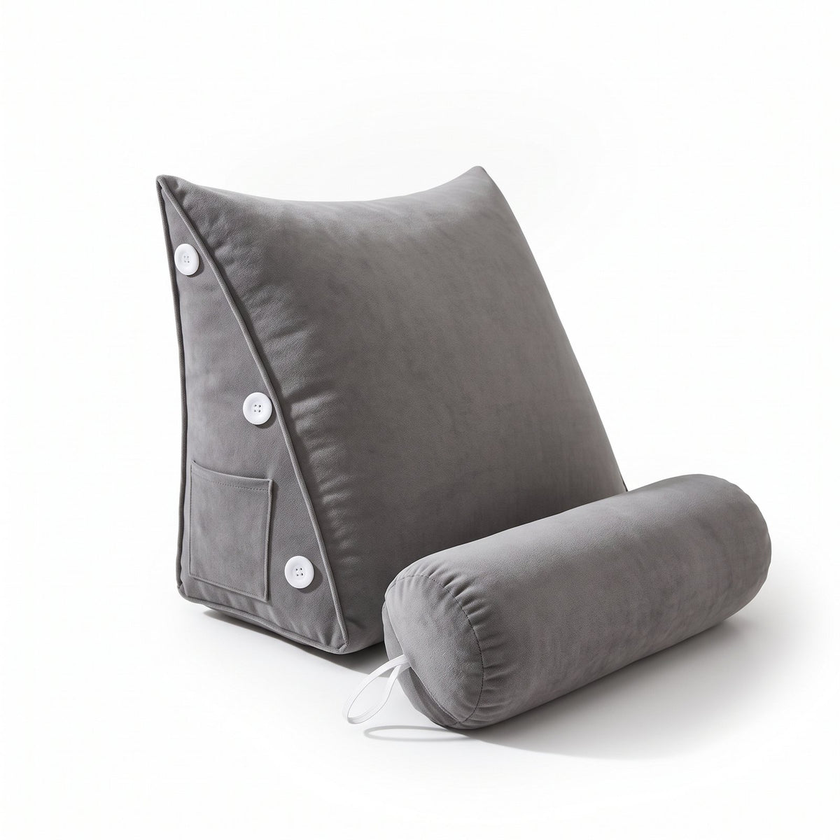 Gray WedgeRest pillow with its bolster unbuttoned and set in front of it