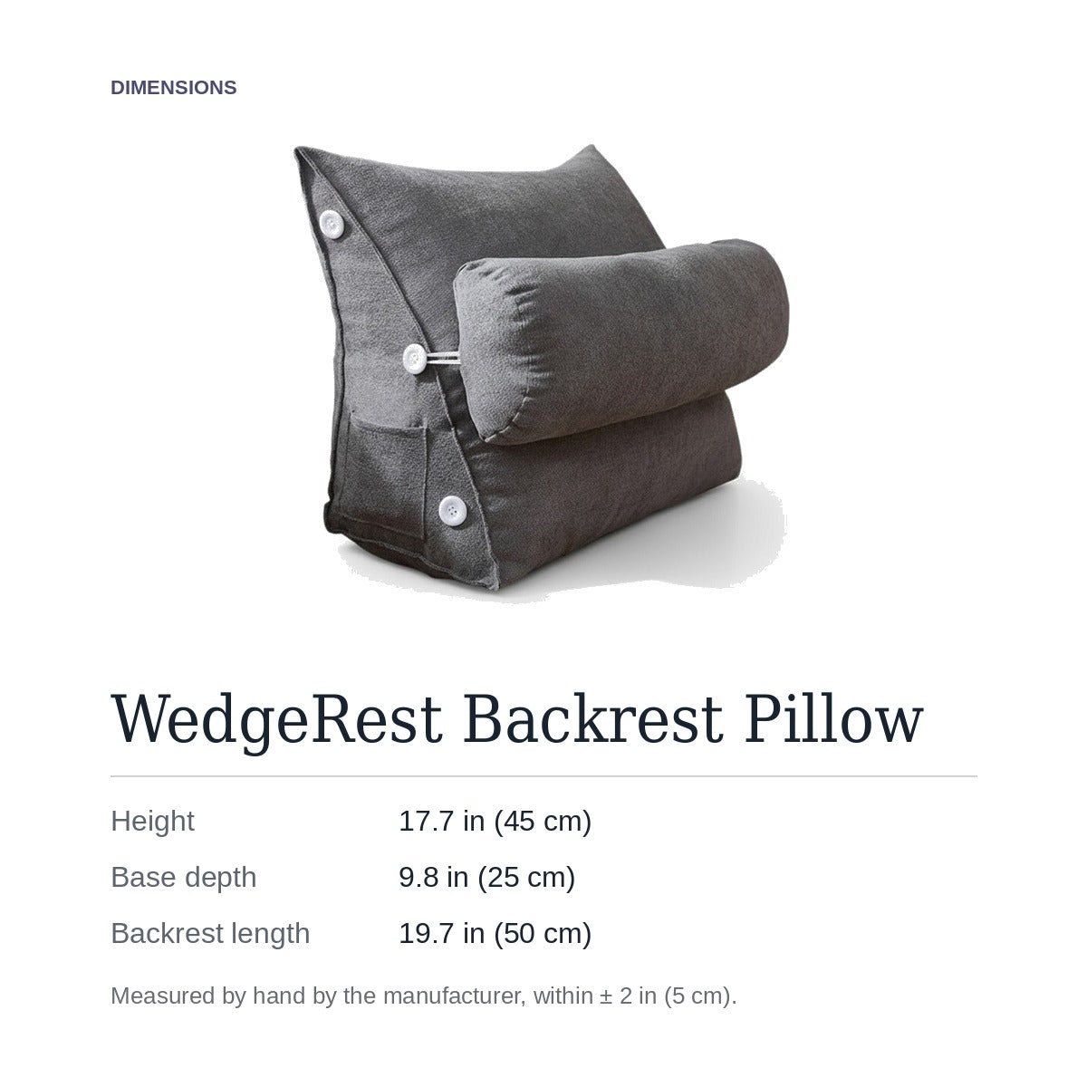 WedgeRest dimensions: 17.7 in high, 9.8 in deep at the base, 19.7 in along the backrest